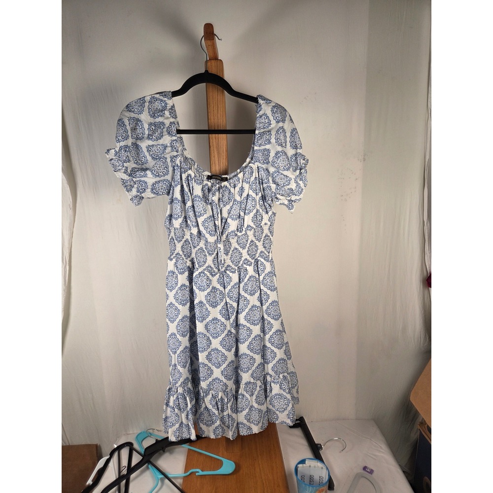 Hesperus Blue White Medallion Print Smocked Puff Sleeve Mini Dress Large